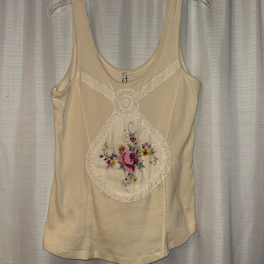 Free People Cream Tank with Floral Embroidery